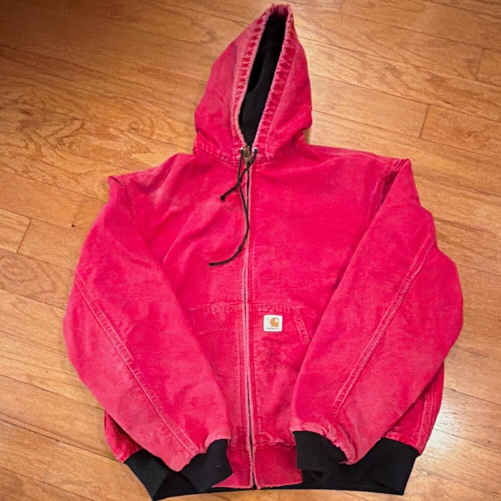Vintage Carhartt Men J130 Red Hooded Bomber Active Jacket Work Chore Canvas Y2K